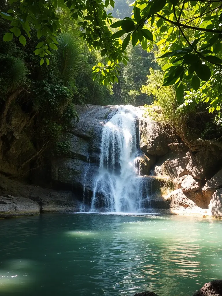 A serene waterfall cascading into a turquoise pool surrounded by dense jungle, sunlight filtering through leaves, tranquil and untouched nature scene in Costa Rica.