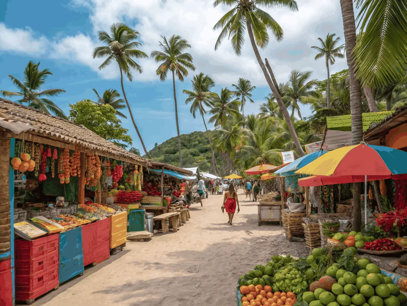 A vibrant marketplace scene in Costa Rica, showcasing local vendors and customers interacting, symbolizing the increased visibility and community engagement that Tico.Social offers to its vendors.