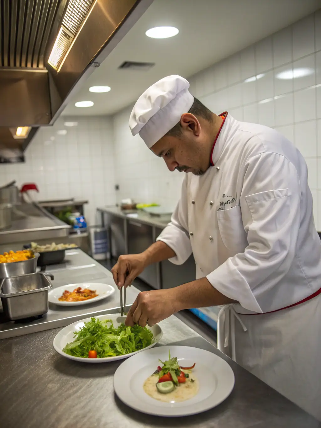 A portrait of a cheerful woman chef in a green apron, plating a colorful dish in a modern kitchen with tropical fruit and fresh herbs visible.