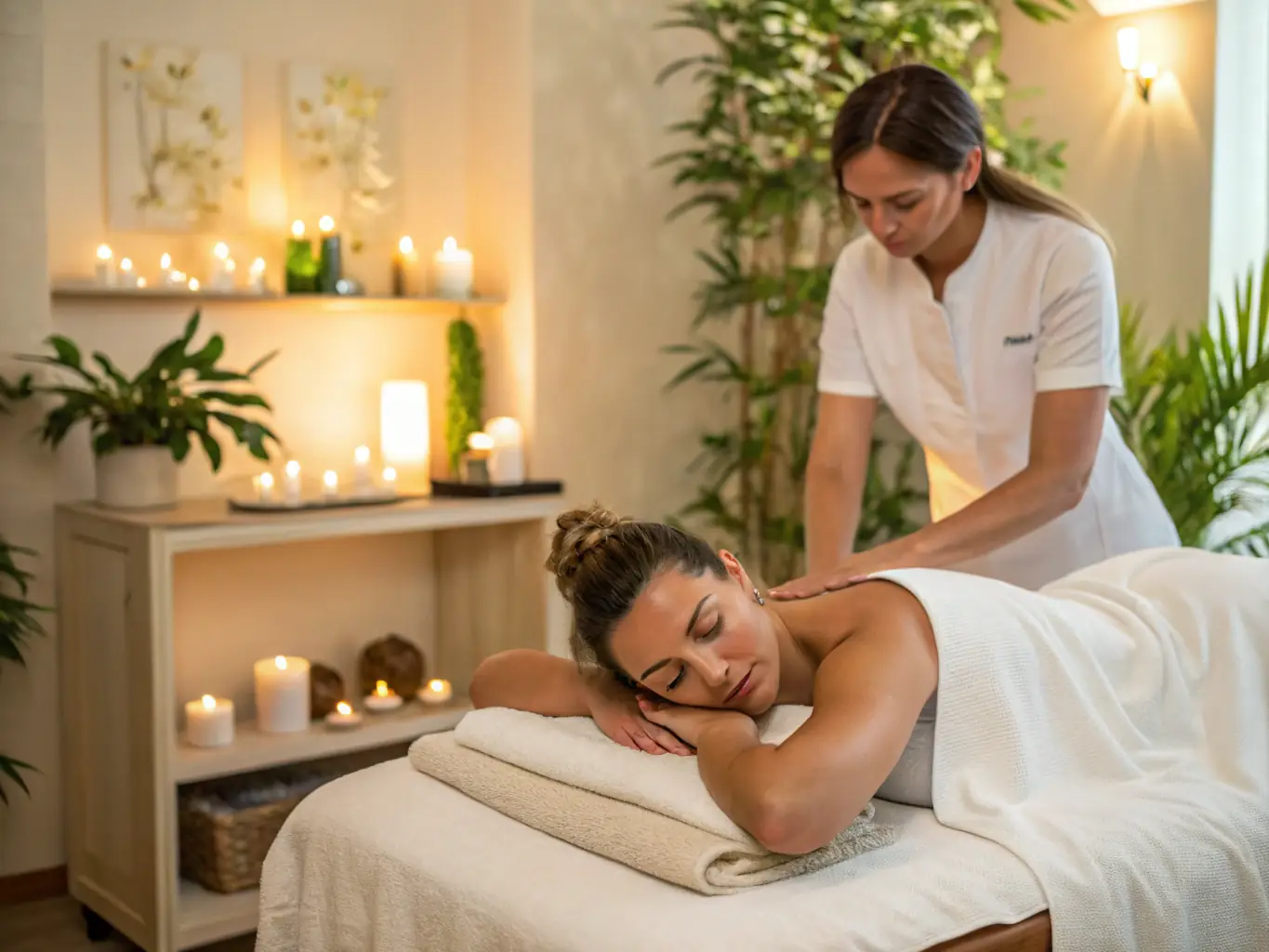 A bright, inviting photo of a Costa Rican massage therapist giving a relaxing massage in a tropical spa setting, with lush greenery and soft natural light, representing wellness services on a premium marketplace.