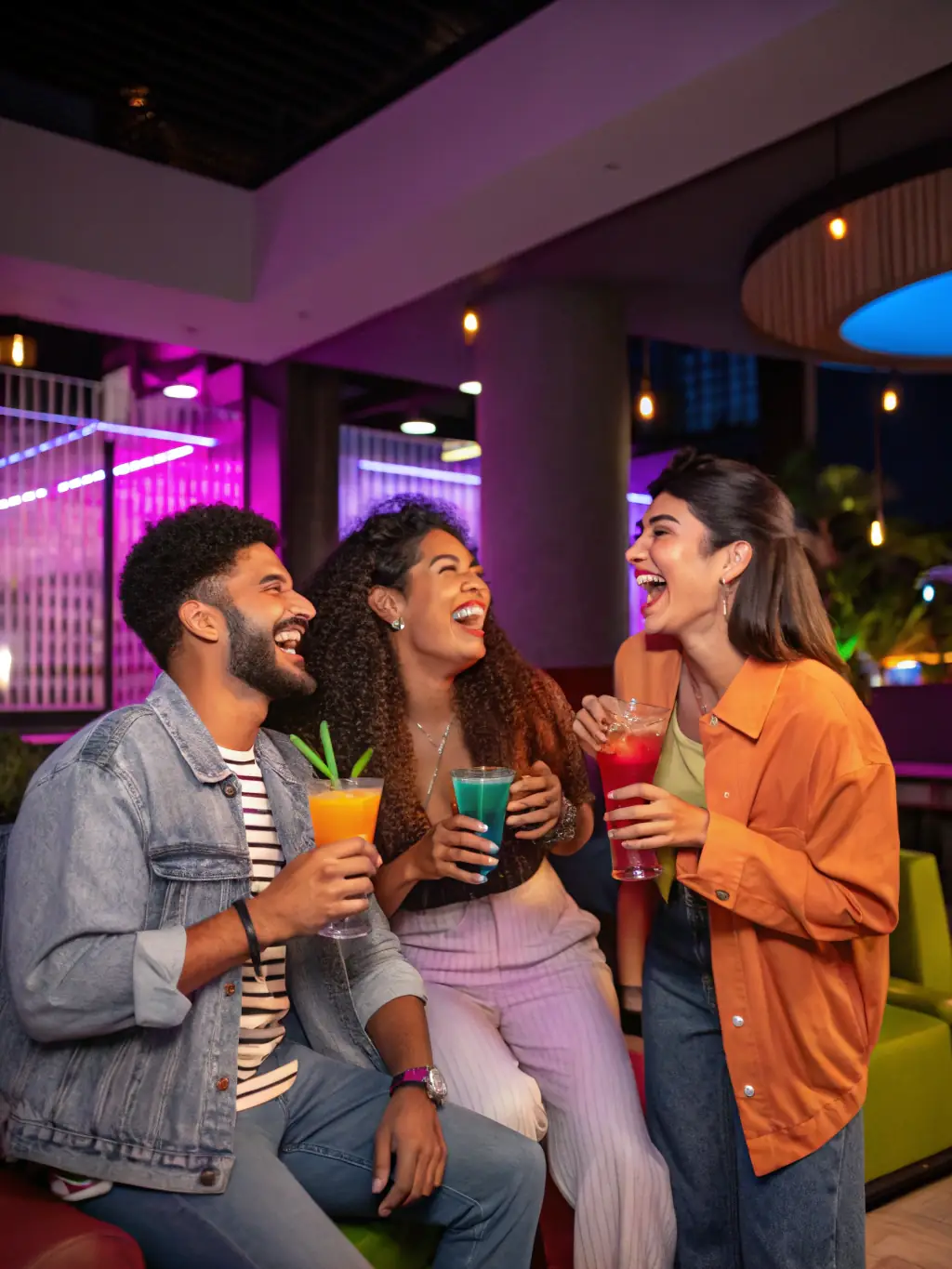 A festive group of friends celebrating with drinks at a trendy Costa Rican rooftop bar, with city lights and lush greenery in the background, highlighting a sense of community.
