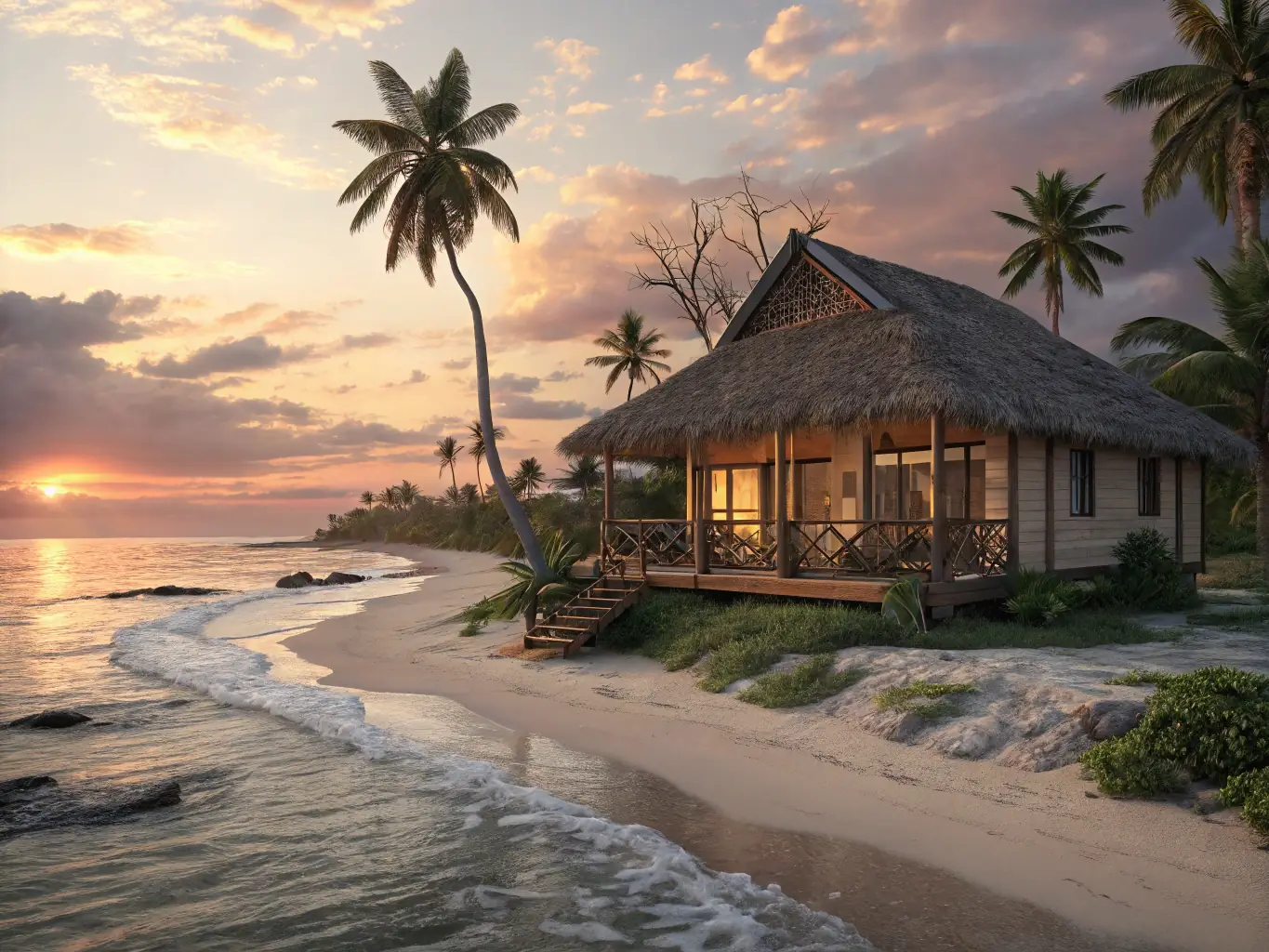 A vibrant, tropical beach scene with palm trees, golden sand, and a sunset sky, evoking the atmosphere of Tamarindo, Costa Rica. Used to inspire visitors to search for their perfect vacation rental.