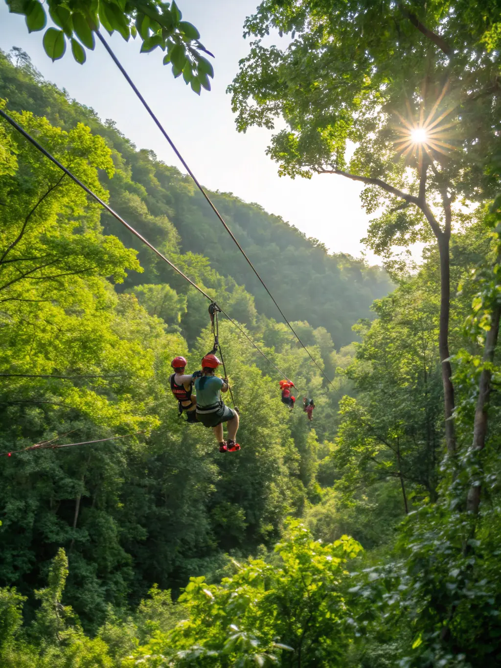 A group of zipliners checking their watches and smiling, with a visible tour schedule sign and zipline cables stretching into the distance.