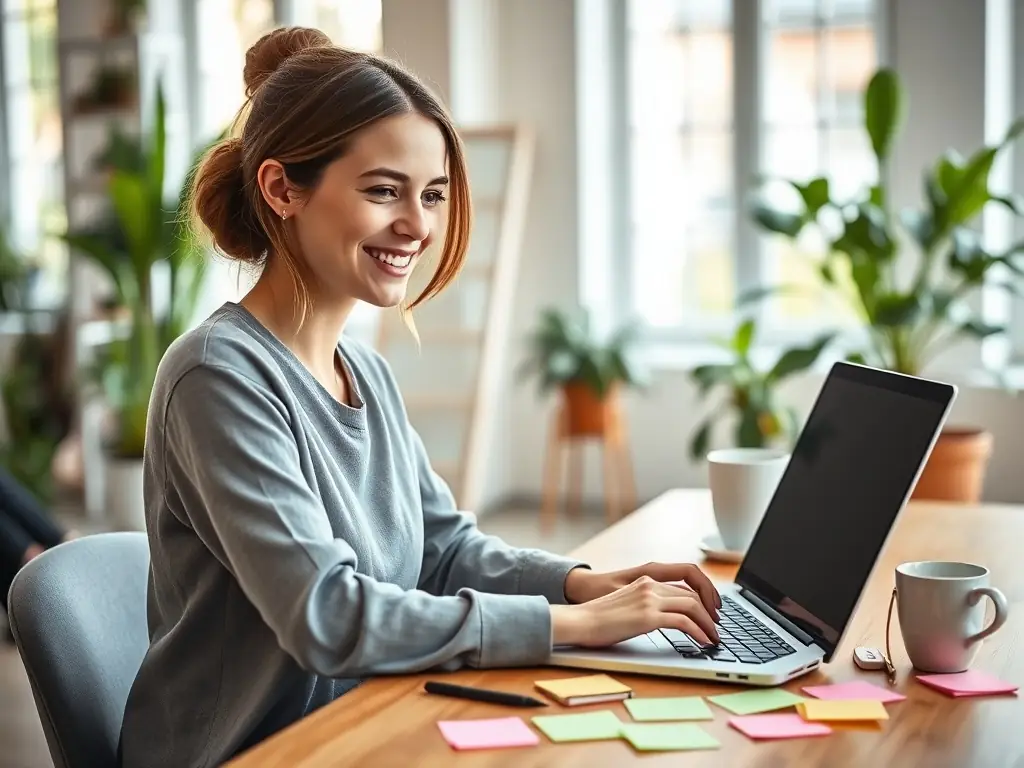 A cheerful Costa Rican entrepreneur using a laptop and smartphone to create a business profile, with tropical plants and a bright, modern workspace in the background, reflecting the Tico.Social brand colors.