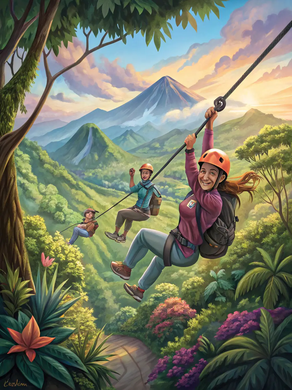 A friendly, certified Costa Rican zipline guide in branded uniform, smiling and giving a safety briefing to a small group of excited adventurers in lush rainforest surroundings.