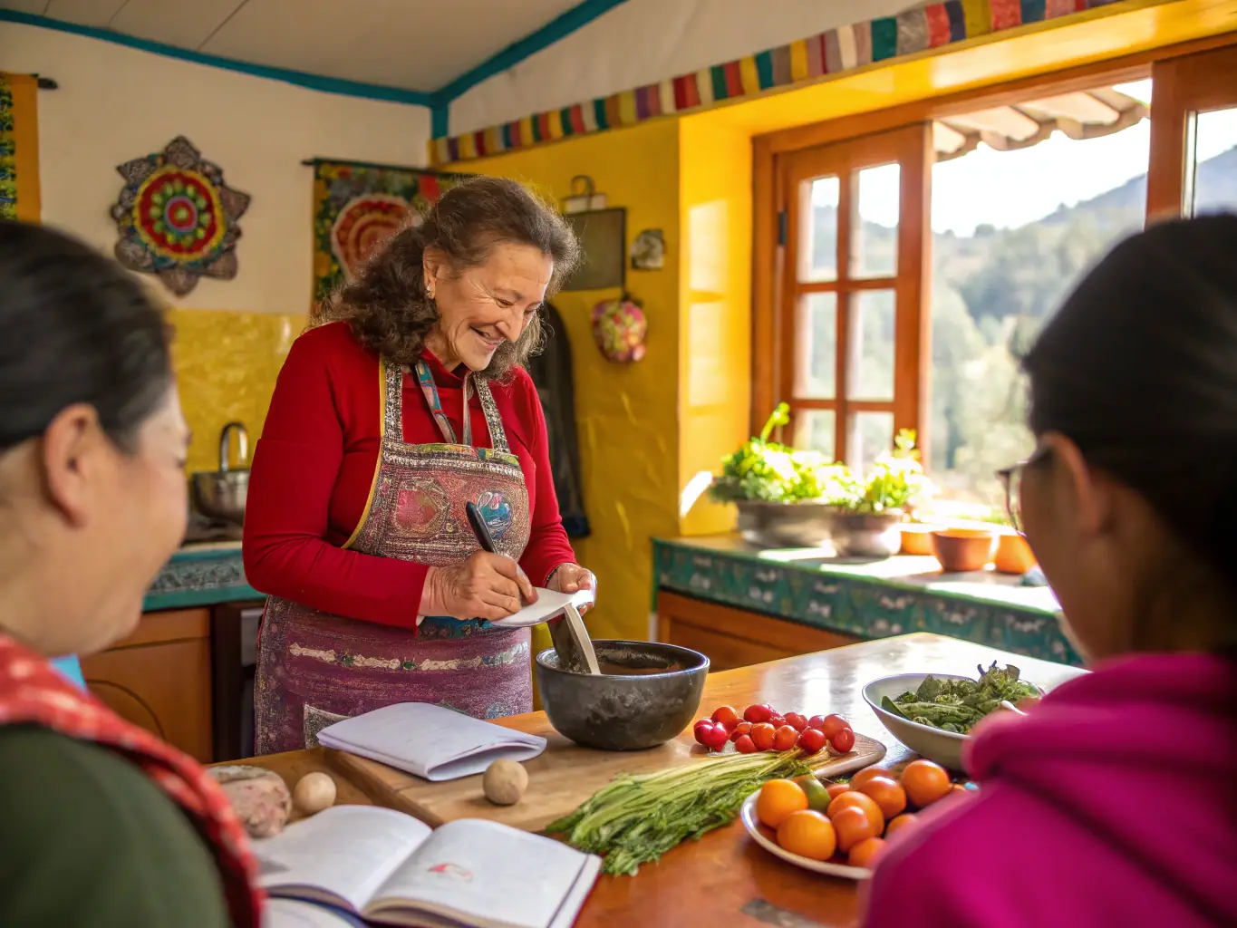 A cheerful Costa Rican chef preparing a colorful dish in a cozy, open-air kitchen, with fresh ingredients and tropical decor, illustrating culinary and catering services available for booking.