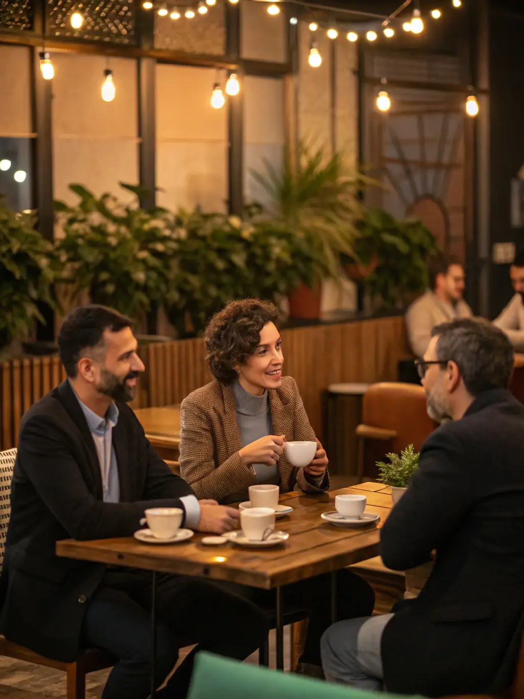 A group of local experts discussing a project over coffee, with Costa Rican landscape visible through the window, highlighting local knowledge and community.